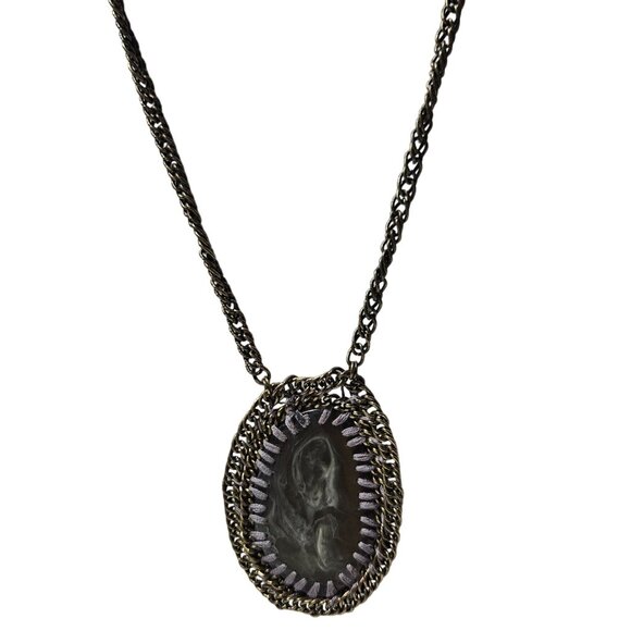 Vintage Marbled Stone Oval Pendant Necklace Braided Chain Fashion Jewelry Women - Picture 1 of 6